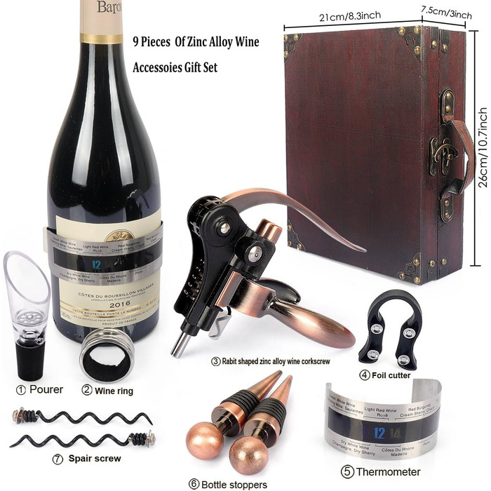 Набір для відкриття вина в дерев'яній коробці, подарунковий, люкс, професійний сомельє, з відкривачем, кришками, аксесуарами для вина (Style 02)