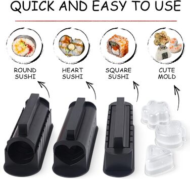 Набір для приготування суші, 20 предметів, для початківців, з формами для ролів, виделкою, ножем, килимком для скручування, палочками, повний комплект (Чорний)