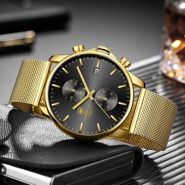 Чоловічий годинник на браслеті Mesh, кварцовий, спортивний, Chronograph, з датою, водонепроникний, чорний, нержавіюча сталь, Gold-Gold-Schwarz