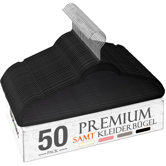 Плечики для одягу з оксамиту, 20 шт. - Плечики для економії місця, нековзні, міцні, 360° обертання - для сорочок, костюмів, светрів, штанів, 20 шт. (Чорний, 50 шт.)