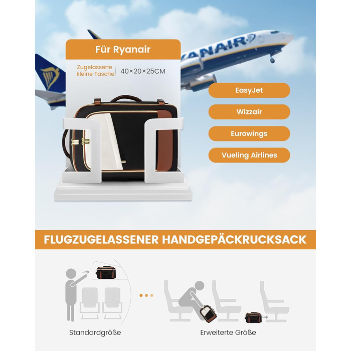 Рюкзак ручної поклажі LOVEVOOK 45x36x20, 32L для Ryanair, Eurowings, Wizz Air (40x30x20cm, зелений+бежевий)