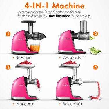 AMZCHEF Juicer for Vegetables and Fruits - Test Winner - Slow Juicer with Reverse-Mastication Function - Gentle Crushing without Filtering - Electric Juice Press with Brush and 2 Cups - Magenta