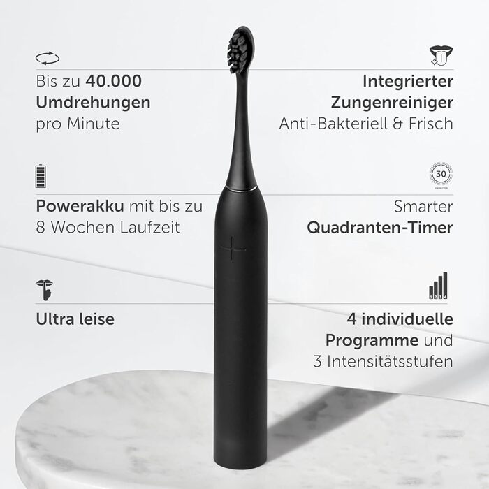 Електрична зубна щітка Wondersmile PRO - Тест-переможець 2025 року - 100 днів без ризику - TÜV-сертифікована - 4 режими, акумулятор 60 днів, Smart-насадка (Ultimate Black)