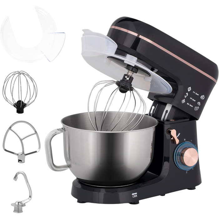 Кухонна машина HOMCOM 1400W з чашею 5.5л з нержавіючої сталі, 6 швидкостей, міксер для тіста та приготування їжі