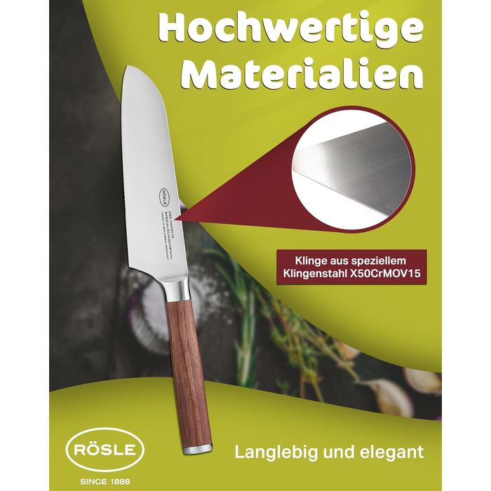 Кухонний ніж Santoku RÖSLE Masterclass 17 см, сталь, дерев'яна ручка, для м'яса, риби та овочів