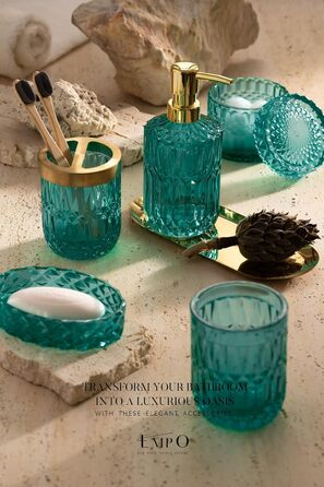 EMPO 6-Piece Bathroom Accessory Set in Clear Glass (Lotion-Soap Dispenser, Soap Dish, Toothbrush Holder, Cup, Cotton Swab Holder), Modern Decoration, Crystal Vintage Gift (Oceanwave)