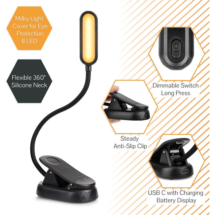 Нічна лампа-прищіпка для читання Toys4Boys з 8 LED, гнучка 360°, червоне світло для читання в ліжку