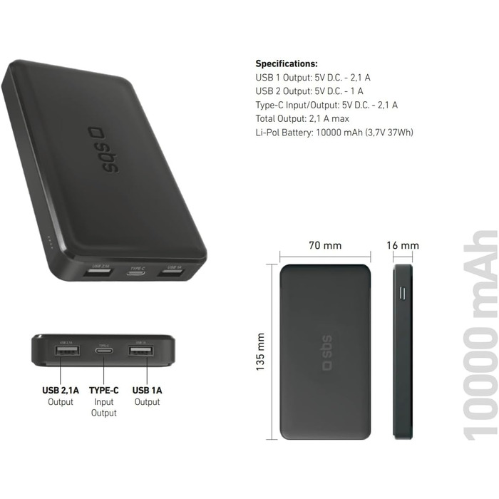 Power Bank SBS Slim 20000 mAh 100W з LCD-дисплеєм: зарядка для Apple, Samsung, MacBook, iPad, планшетів та ноутбуків
