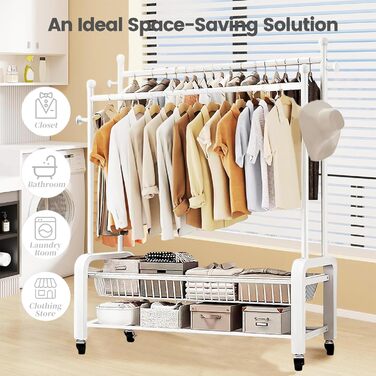 Стійка для одягу на колесах, двоярусна, з двома перекладинами (біла)