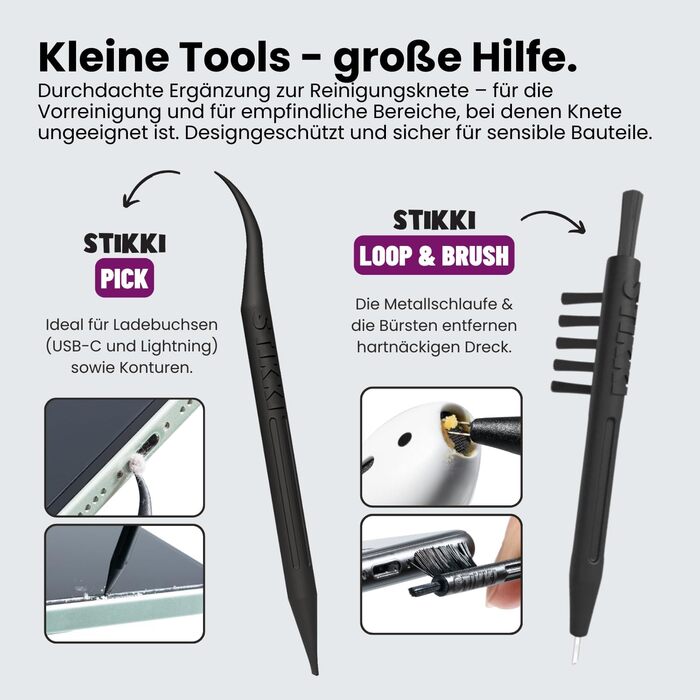 Клейка губка для чищення телефону та навушників STIKKI - професійний набір для чищення з щітками та інструментом для роз'ємів USB-C та Lightning. Чистить важкодоступні місця, сумісний з Airpods, iPhone та іншими пристроями.