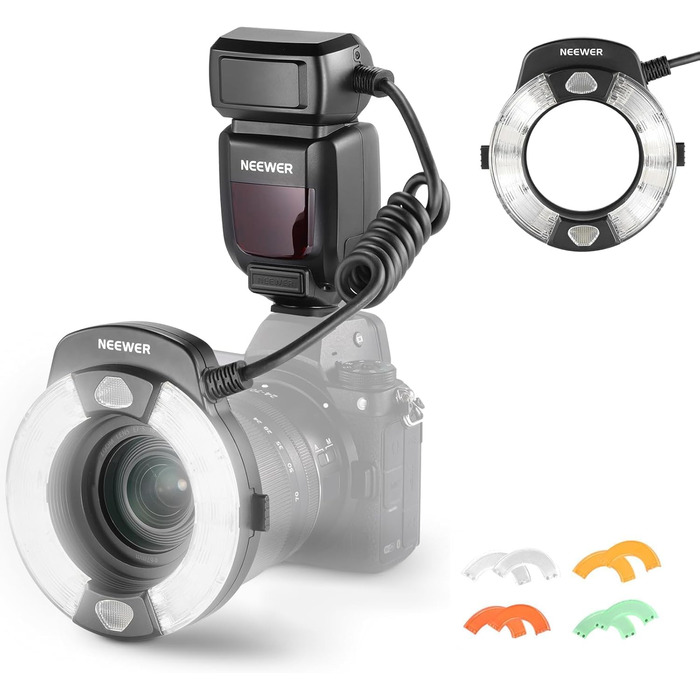 NEEWER RF1-S Макро Спалах кільцеве світло для Sony камери 76W GN15 5600K TTL, 1-1/128, передня/задня синхронізація, кольорові гелі, об'єктивні адаптери, кільця для макрофотографії та студійних фотографій (сумісний з Nikon)