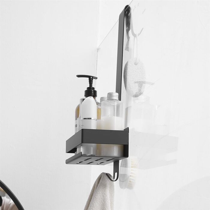 Kelelife Shower Shelf for Hanging, Shower Shelf No Drilling, Stainless Steel Shower Shelf with Hooks for Frameless Glass Door, Shampoo Holder for Shower (Black)