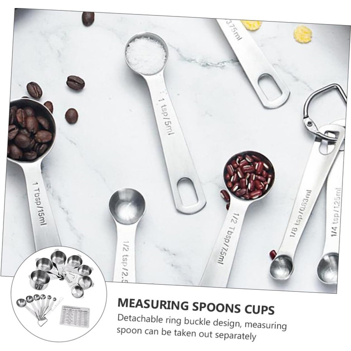 15-Piece Measuring Spoon Conversion Chart Multi-Purpose Scoop Portable Kitchen Gadgets Measuring Cup Mini-Scoop Portable Rice Spoon Espresso Spoon Kitchenware Silver Stainless Steel