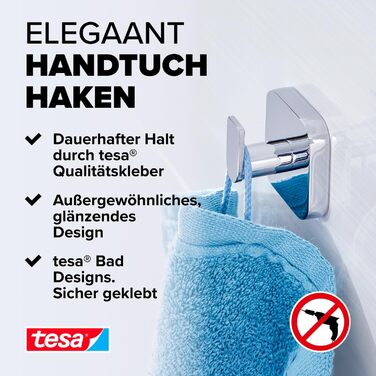 tesa ELEGAANT Towel Hook, Chrome - Bathroom Hook for Wall Mounting without Drilling, including Adhesive Solution - 50 mm x 50 mm x 41 mm