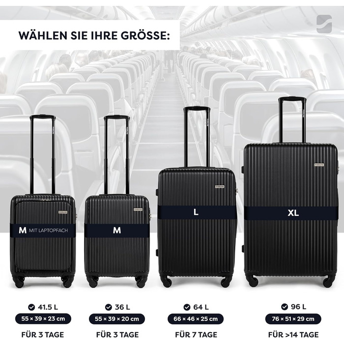 Набір валіз 3 шт: ручна поклажа, середній та великий кофр, ABS, 360° колеса, кодовий замок, телескопічна ручка (Чорний, XL)