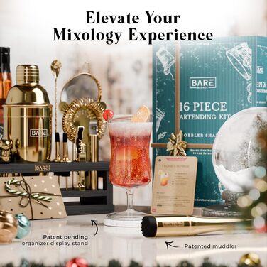 Набір бармена BARE BARREL® для приготування коктейлів | 16 предметів | Шейкер, барний аксесуар, інструменти для дому | 35 рецептів | Подарунковий набір