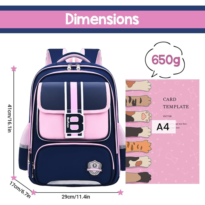 Шкільний рюкзак для хлопчика IvyH, 2-5 клас, 20 літрів. Ергономічний дитячий рюкзак для початкової школи, водонепроникний. Підходить для хлопчиків 8-12 років (темно-синій, рожевий)