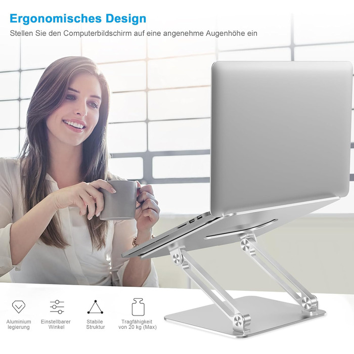 Adjustable Aluminum Laptop Stand - Ventilated Laptop Holder for 10-17 Inch Laptops, MacBooks, Dell, HP, Samsung, Acer - Silver