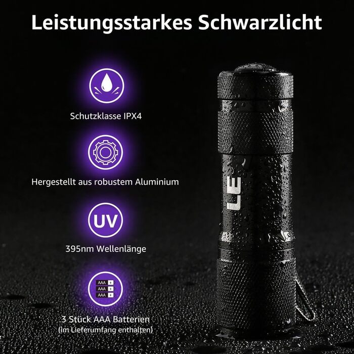 LED ультрафіолетова ліхтар з 9 світлодіодів, міні UV лампа з довжиною хвилі 395nm для геокешингу, детектування сечі домашніх тварин, тощо. В комплекті 6 батарейок AAA (2 шт.)