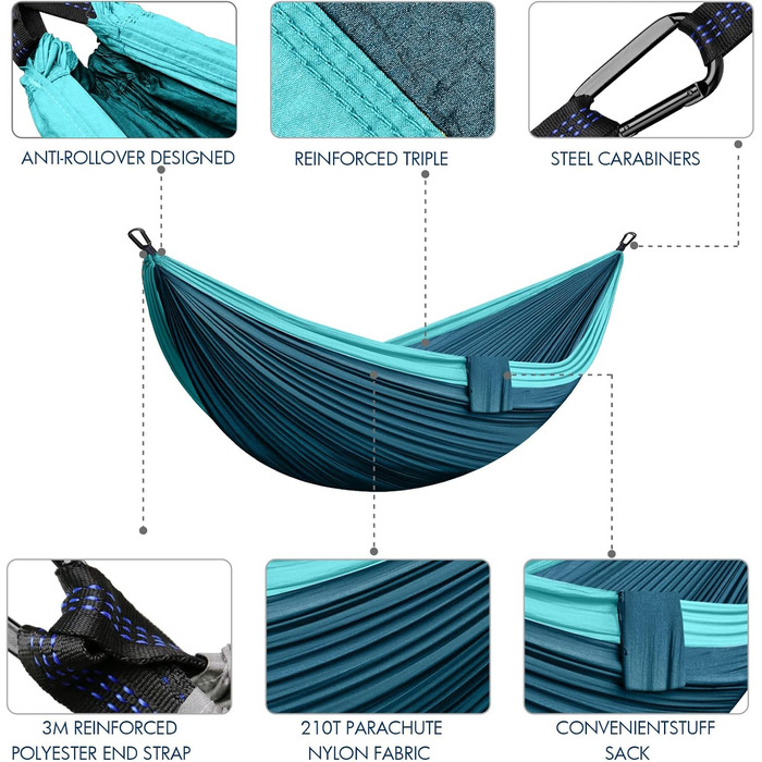 Гамак подвійний для кемпінгу 300x200 см, нейлон, синій, вантажопідйомність 300 кг