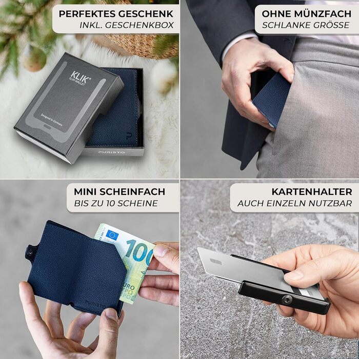 PURISTO KLIK: Смарт-портмоне для чоловіків з натуральної шкіри з RFID захистом - компактний картхолдер на 12 карт (темно-синій)