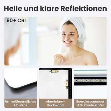 Дзеркало для ванної кімнати LED 50x70 см з підсвічуванням, сенсорне керування, регулювання яскравості, 3 кольори світла, без рамки