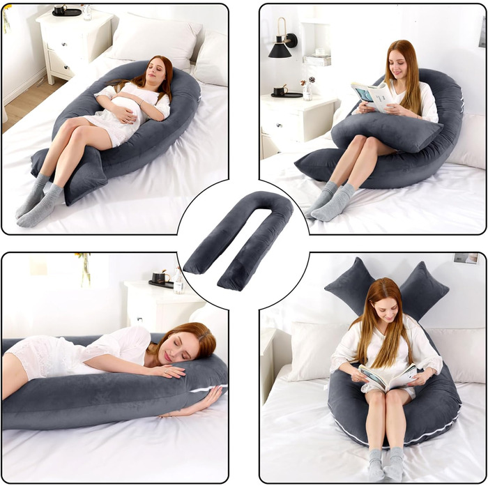 Подушка для вагітних Caliyo 2 шт. U-подібної форми, подушка для сну на боці з чохлом, подушка для годування, велика, комфортна подушка для вагітних (сірий, кристалевий велюр)