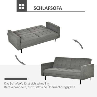 HOMCOM 3-Seater Sleeper Sofa with Reclining Function and Adjustable Angle, Vintage Design Made of Eucalyptus Wood and Cotton in Grey