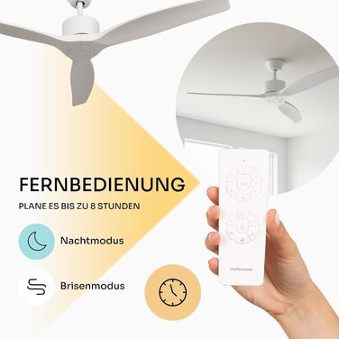 Стеляний вентилятор Mellerware з пультом Brizy | 45 Вт | 6 швидкостей | тихий | літо/зима | таймер | 3 лопаті | діаметр 132 см | DC мотор | білий без світла