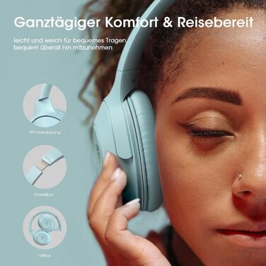 Бездротові навушники DOQAUS Bluetooth з тривалим часом роботи (70 годин), Over-Ear, Bluetooth 5.4, з кабелем, 3 режими EQ, HiFi стерео для подорожей/телефону/ПК (блакитні)