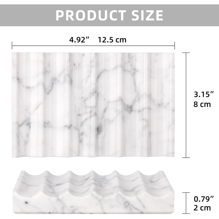 Склянка для мила з мармуру з отвором Carrara: прямокутна, хвиляста, самостійно спорожняється, для ванної кімнати та кухні