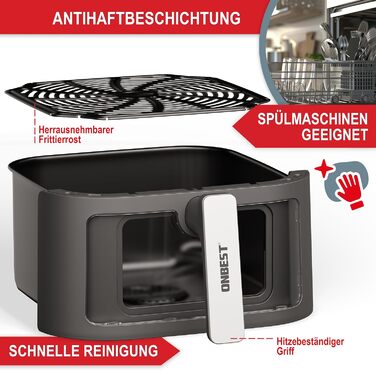 Фритюрниця ONBEST з великим оглядовим вікном та 12 програмами приготування – XL Airfryer об'ємом 6,5 л, 1600 Вт + 100 листів пергаментного паперу для випікання. Готування без олії для 2-5 осіб