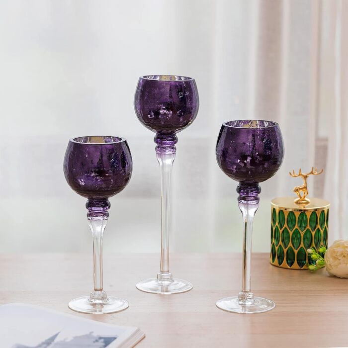 Glass Tealight Holder Set - 3 Pieces Mercury Glass Candle Holders for Table Decoration. Tealight Glasses for Pillar and Floating Candles, Christmas, Living Room Decor (Purple)