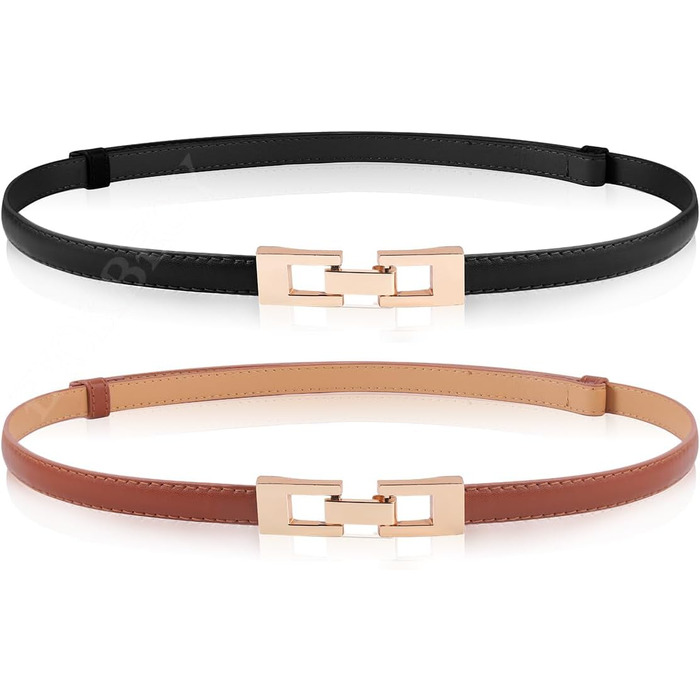 2 жіночі шкіряні ремені Skinny: чорний + білий (чорний + коричневий). Вузький тасьовий ремінь з золотою пряжкою для суконь та пальто.