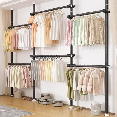 Телескопічна система для гардеробу, штанга для одягу з 6 штангами, телескопічний шафа для одягу з 2 гачками, регульована полиця 110-300 см, для дому та магазину одягу, білий (чорний)