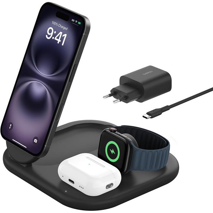 Зарядний пристрій Belkin BoostCharge 3-в-1 з підтримкою MagSafe Qi2, 15 Вт, складаний підставка для iPhone, Apple Watch, AirPods, з адаптером живлення – Чорний