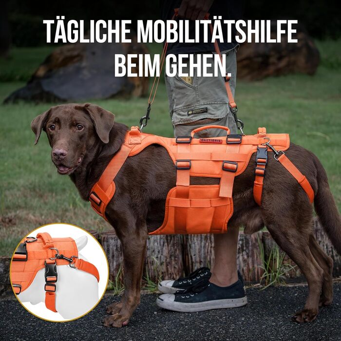 Шлейка для собак OneTigris Invictus, переносна допомога для собак середніх та великих порід, регульована, 3 ручки, для собак з обмеженими можливостями, травмованих або літніх, L (27-41 кг, обхват шиї 45-63 см, обхват грудей 68-91 см), помаранчевий