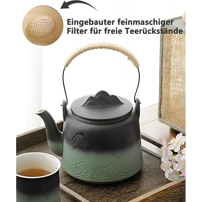 ZENS Design Japanese Teapot, 1000ml Gradient Embossed Japanese Teapot Ceramic with Built-in Strainer and Hemp Rope Handle for Loose Tea Steeper, Gift for Tea Lovers, Black & Bean Green