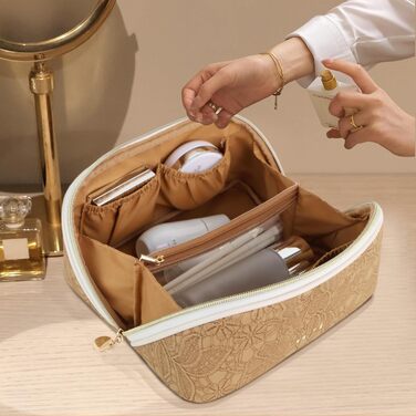 Косметичка велика містка для подорожей, водонепроникна з PU-шкіри, з прозорими перегородками та ручкою (M, Коричнева квітка)