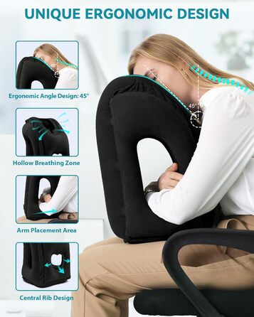 JefDiee Inflatable Neck Pillow Travel Airplane, Portable Travel Pillow, Neck Support Pillow Comfortably Supports Head and Chin, Pillow for Trains, Cars, Office, Home, with 3D Eye Mask, Earplugs (Black)