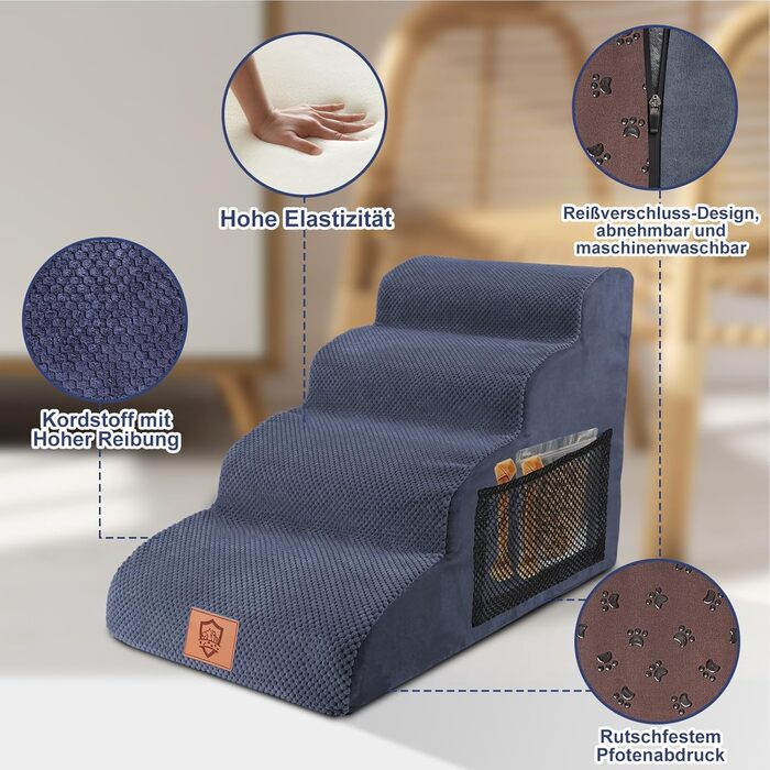 Pet Stairs, Dog Stairs 50cm High, 4-Step Pet Stairs, Removable Non-Slip Foam Dog Ramp, Dog Stairs for Small Dogs and Cats, Washable Cat Stairs (4-Step Pet Stairs, blue)