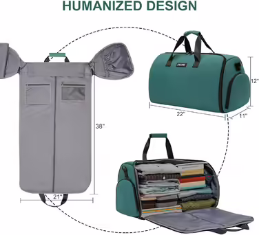 Garment bag with shoe compartment, convertible garment bag for men and women, 2-in-1 hanging, suitcase, suit, weekend, duffel bag, green, travel garment bag