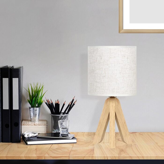 Настільна лампа LIANTRAL 2 шт., Сучасна лампа на ніжці, з абажуром з льону та дерев'яним каркасом, E27, для спальні, вітальні, гуртожитку, кремового кольору