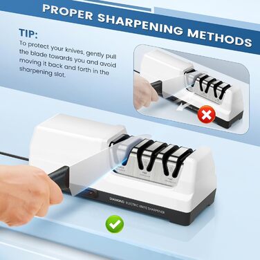 Електричний точило для ножів професійний 3-х ступінчастий з захистом від перегріву, тихий мотор, швидке заточування кухонних ножів (білий)