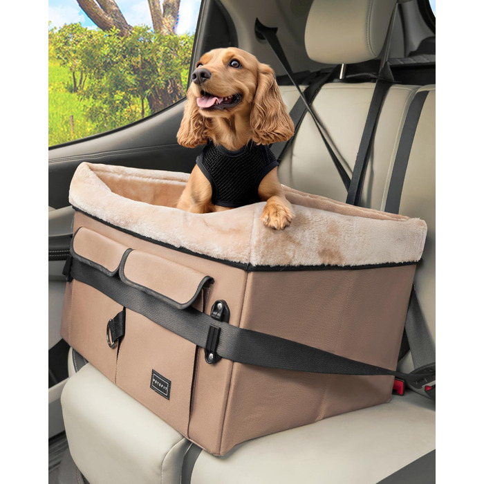 Автокрісло для собак Petsfit - середній розмір, бежеве, з ременями та кишенею
