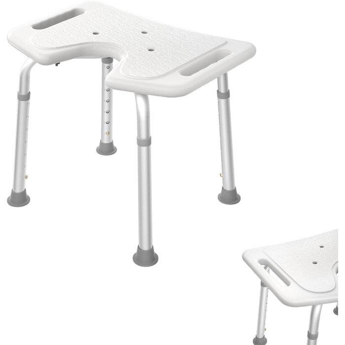 AUFUN Shower Stool, Adjustable Height 35-51cm, U-Shaped Shower Stool, Anti-Slip Bath Seat, Shower Aid, Shower Seat Made of Aluminum and Plastic for Elderly, Pregnant Women (U-Shaped Shower Stool)