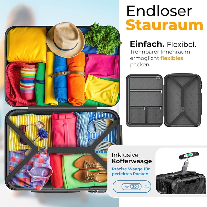 Набір валіз KESSER® 4 шт. | ABS валізи з кодовим замком, ваговою шалькою та органайзером для документів, 360° обертання | Ручна поклажа та великі валізи для подорожей та бізнесу (Чорний)