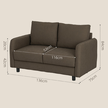 HOMCOM 2-Seater Sofa, Modern Couch with Armrests, 2 Throw Pillows, Upholstered Sofa with Storage, S-Springs and Rubber Bands, Small Loveseat with Velvet-Look Top for Living Room, 136 x 75 x 84 cm, Brown | Aosom