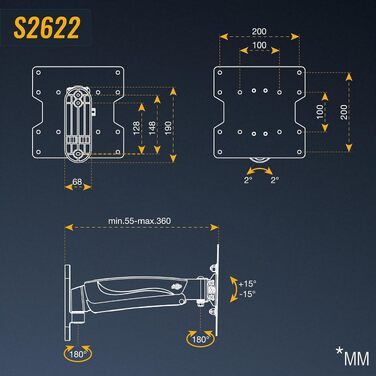 Настінний кронштейн для монітора RICOO S2611 з газліфтом, для екранів 13-34 дюймів, VESA 75x75 / 100x100 мм, регульований за висотою, з поворотом та нахилом