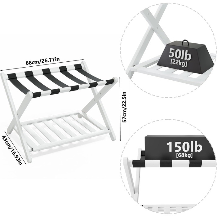 Fully assembled white luggage rack, enhanced bamboo, foldable suitcase stand with 5 nylon straps, luggage holder with shelf for guest rooms, hotel (white luggage rack, 1 piece)